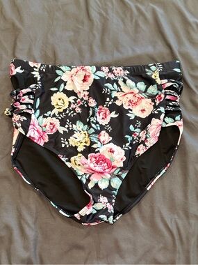 BloomChic Black Swim Bottoms with Pink & Teal Flowers Sheer Sides Sz 18/20